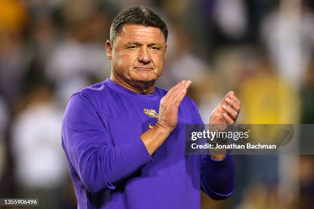 Tigers head coach Ed Orgeron reacts before a game against the Texas A&M Aggies at Tiger Stadium on November 27, 2021 in Baton Rouge, Louisiana.