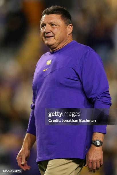 Tigers head coach Ed Orgeron reacts before a game against the Texas A&M Aggies at Tiger Stadium on November 27, 2021 in Baton Rouge, Louisiana.