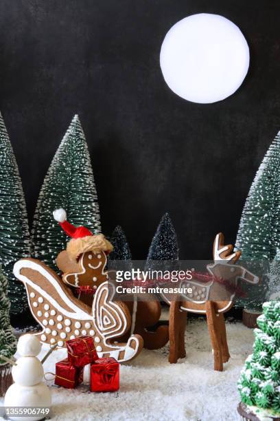 close-up image homemade, gingerbread cookie father christmas, reindeer and sleigh, decorated with white royal icing, santa hat, snowman, gifts surrounded by night-time christmas forest scene of model fir and snow, black background, full moon - cookie monster stockfoto's en -beelden