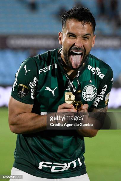 Luan Garcia of Palmeiras celebrates after the final match of Copa CONMEBOL Libertadores 2021 between Palmeiras and Flamengo at Centenario Stadium on...