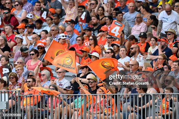 Fans show their support during the Women's Big Bash League match between the Perth Scorchers and the Adelaide Strikers at Optus Stadium, on November...