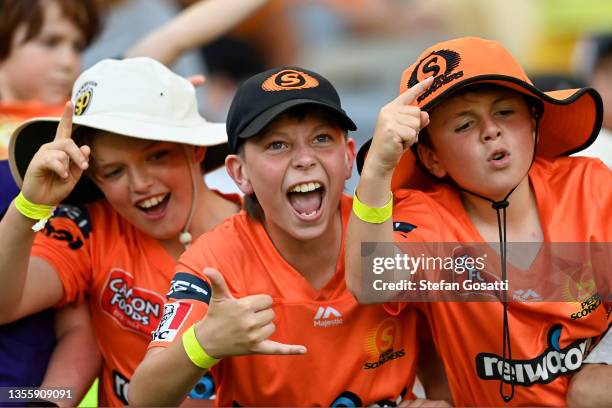 Fans show their support during the Women's Big Bash League match between the Perth Scorchers and the Adelaide Strikers at Optus Stadium, on November...