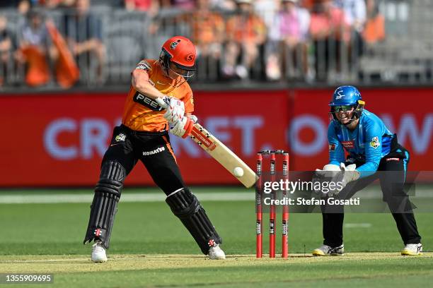 Beth Mooney of the Scorchers bats during the Women's Big Bash League match between the Perth Scorchers and the Adelaide Strikers at Optus Stadium, on...