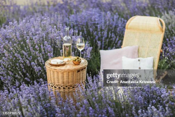 rattan deck chair and wicker basket with white dry wine in lavender field. - wicker photos et images de collection