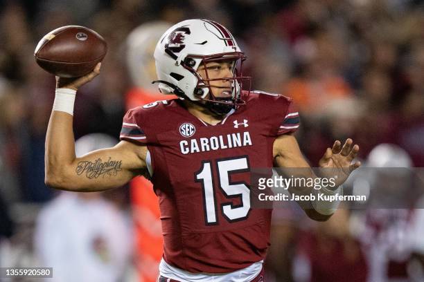 Quarterback Jason Brown of the South Carolina Gamecocks throws the ball against the Clemson Tigers in the first quarter during their game at...