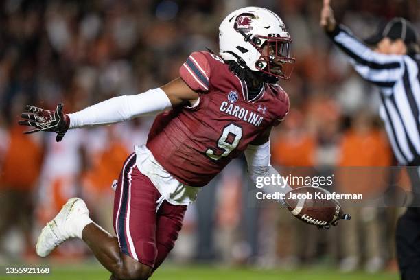 Defensive back Cam Smith of the South Carolina Gamecocks reacts after making an interception against the Clemson Tigers in the first quarter during...