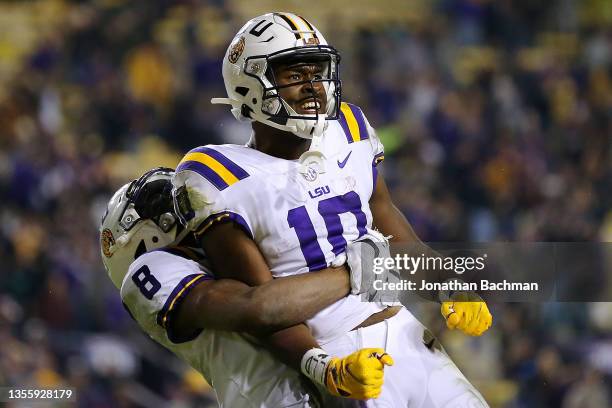 Jaray Jenkins of the LSU Tigers celebrates a late fourth quarter touchdown to take the lead against the Texas A&M Aggies at Tiger Stadium on November...