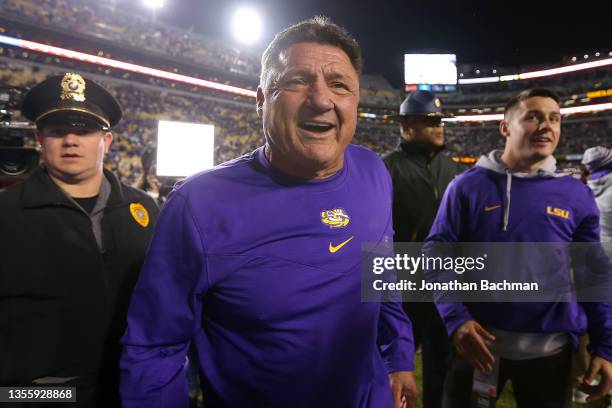 Head coach Ed Orgeron of the LSU Tigers celebrates a win over the Texas A&M Aggies after a game at Tiger Stadium on November 27, 2021 in Baton Rouge,...