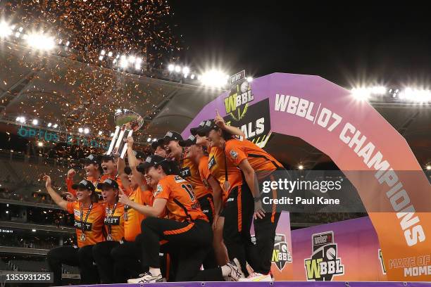 The Scorchers celebrate with the WBBL 07 Champions trophy after winning the Women's Big Bash League Final match between the Perth Scorchers and the...