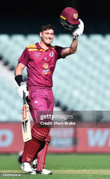 Matthew Renshaw of the Queensland Bulls celebrates bringing up his 150 during the Marsh One Day Cup match between South Australia and Queensland at...