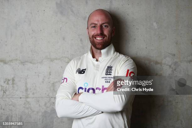 Jack Leach poses during an England Ashes Squad portrait session at The Gabba on November 28, 2021 in Brisbane, Australia.