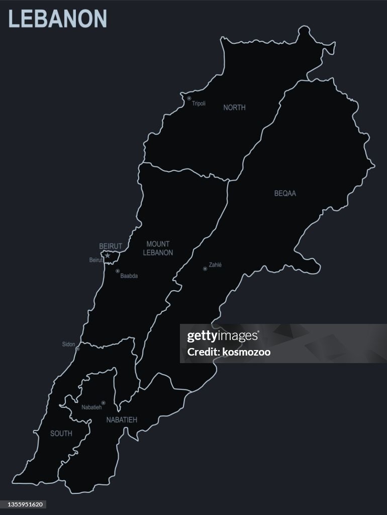 Flat Map Of Lebanon With Cities And Regions On A Black Background High flat-map-of-lebanon-with-cities-and-regions-on-a-black-background-high