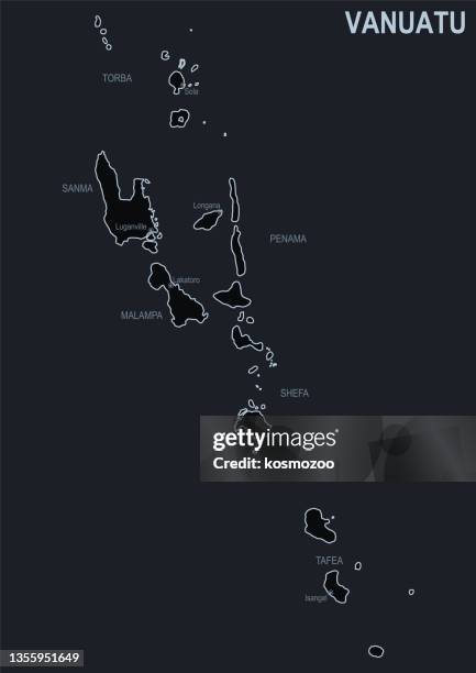 flat map of vanuatu with cities and regions on a black background - vanuatu stock illustrations