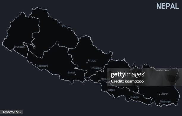 flat map of nepal with cities and regions on a black background - nepal stock illustrations