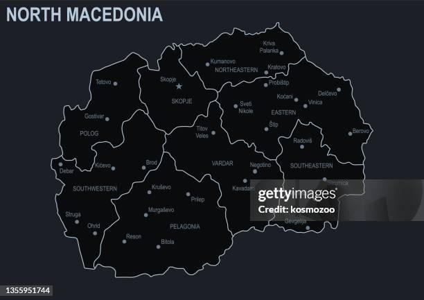 flat map of north macedonia with cities and regions on a black background - macedonia country stock illustrations