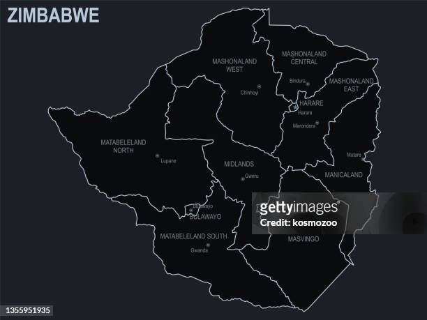 黒い背景に都市や地域を持つジンバブエのフラットマップ - zimbabwe点のイラスト素材／クリップアート素材／マンガ素材／アイコン素材