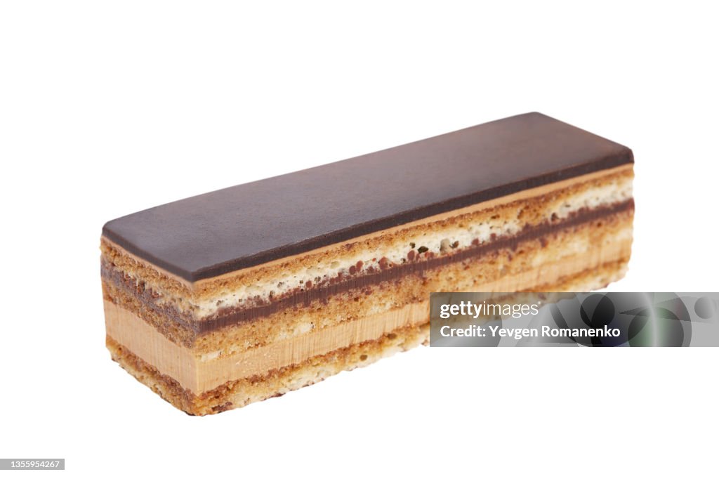 Opera cake isolated on white background