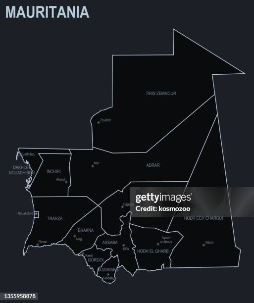 flat map of mauritania with cities and regions on a black background - basic town map stock illustrations
