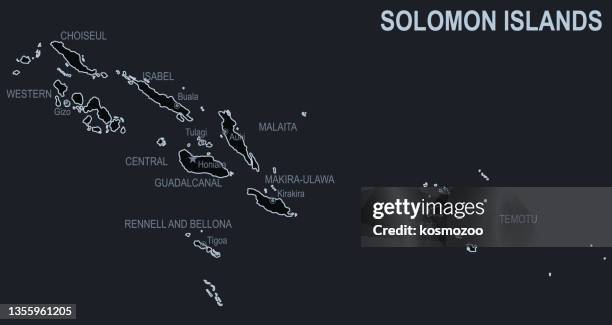 flat map of solomon islands with cities and regions on a black background - solomon islands stock illustrations