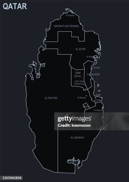 flat map of qatar with cities and regions on a black background - qatar stock illustrations