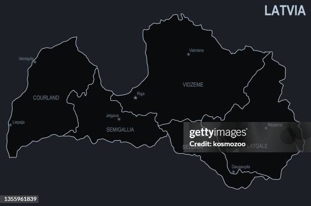 ilustrações, clipart, desenhos animados e ícones de mapa plano da letônia com cidades e regiões em um fundo preto - letonia