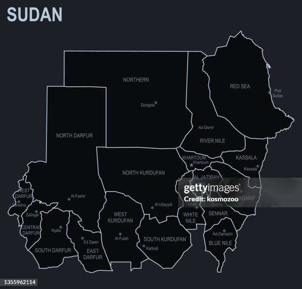 flat map of sudan with cities and regions on a black background - basic town map stock illustrations