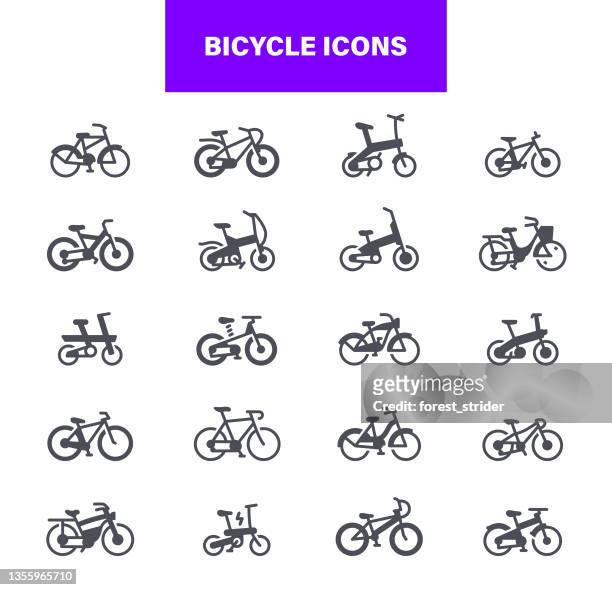 bicycle icons. set contains icons as mountain bike, cycling, electric bicycle, sports race - cycling event stock illustrations