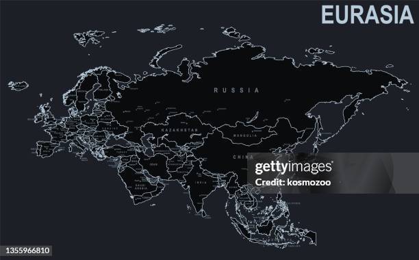 ilustrações, clipart, desenhos animados e ícones de mapa plano da eurásia com países e cidades em um fundo preto - eurasia