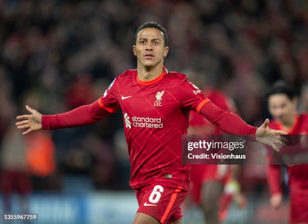 Thiago Alcantara of Liverpool celebrates scoring their team's first goal during the UEFA Champions League group B match between Liverpool FC and FC...