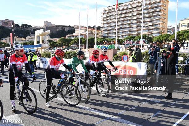 Marc Toesca and Antoine Berlin ride a bike while Princess Stephanie of Monaco gives the start of the race during the cycling festival 'Monaco BeKing...