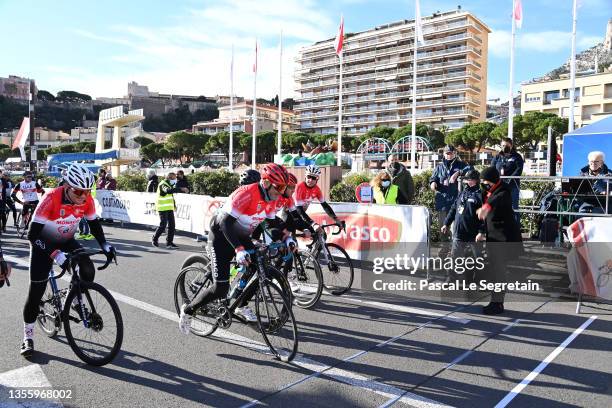 Marc Toesca rides a bike while Princess Stephanie of Monaco gives the start of the race during the cycling festival 'Monaco BeKing 2021' on November...