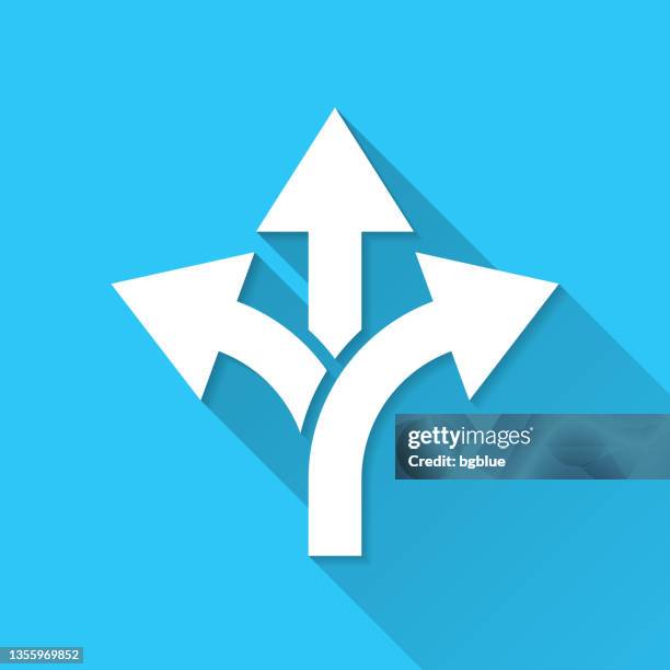 three way direction arrow. icon on blue background - flat design with long shadow - different levels stock illustrations