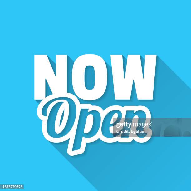 now open. icon on blue background - flat design with long shadow - urgency stock illustrations