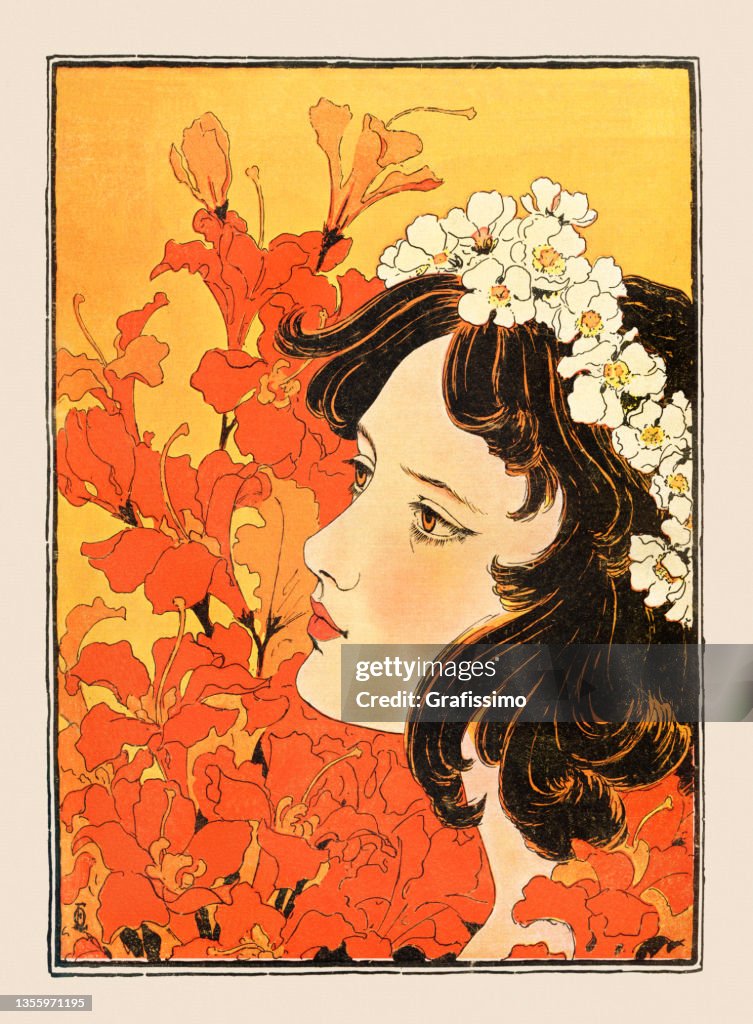 Young woman with floral garland in nature dreaming art nouveau 1897