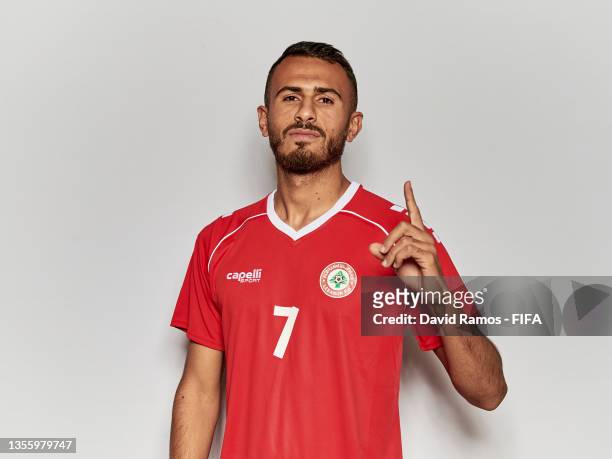 Fadel Antar of Lebanon poses during the Lebanon team presentation prior to the FIFA Arab Cup Qatar 2021 at Hyatt Regency Oryx Doha on November 28,...