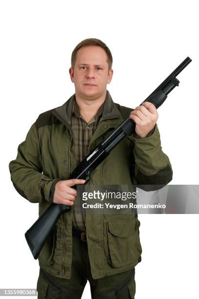 hunter with a shotgun isolated on white background - shotgun stock pictures, royalty-free photos & images
