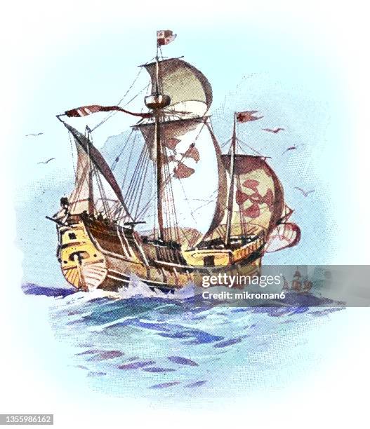 old engraved illustration of caravel of christopher columbus - carabelas fotografías e imágenes de stock