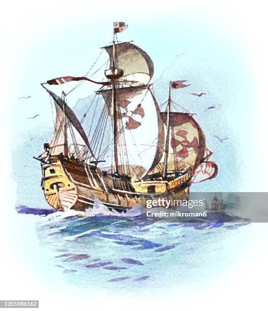 old engraved illustration of caravel of christopher columbus - christopher columbus explorer stock pictures, royalty-free photos & images