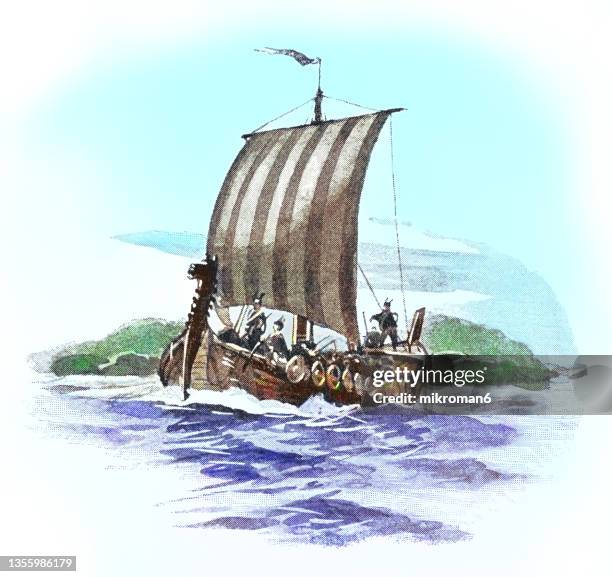 old engraved illustration of vikings dragon boat - ancient vikings stockfoto's en -beelden