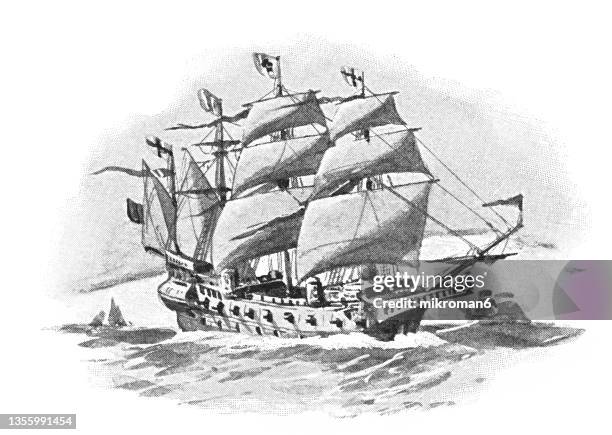 old engraved illustration of english ship, carrack - henry grace à dieu ("henry, thanks be to god")or great harry - 16th century stock illustrations stock pictures, royalty-free photos & images