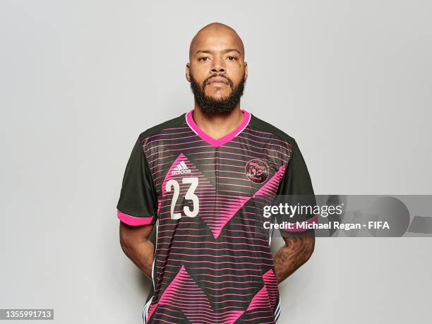 Rais Mbolhi of Algeria poses during the Algeria team presentation prior to the FIFA Arab Cup Qatar 2021 at Grand Hyatt Doha Hotel on November 28,...