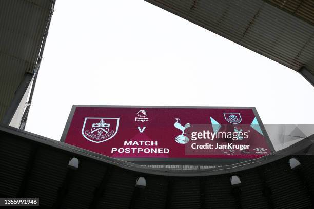General view inside the stadium as the LED screen displays a message with information regarding postponement in the the Premier League match between...