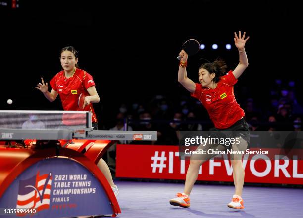 Chen Meng and Qian Tianyi of China compete in the Women's Doubles quarterfinal match against Choi Hyojoo and Lee Zion of South Korea on day five of...