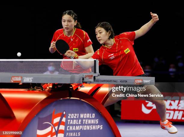 Chen Meng and Qian Tianyi of China compete in the Women's Doubles quarterfinal match against Choi Hyojoo and Lee Zion of South Korea on day five of...