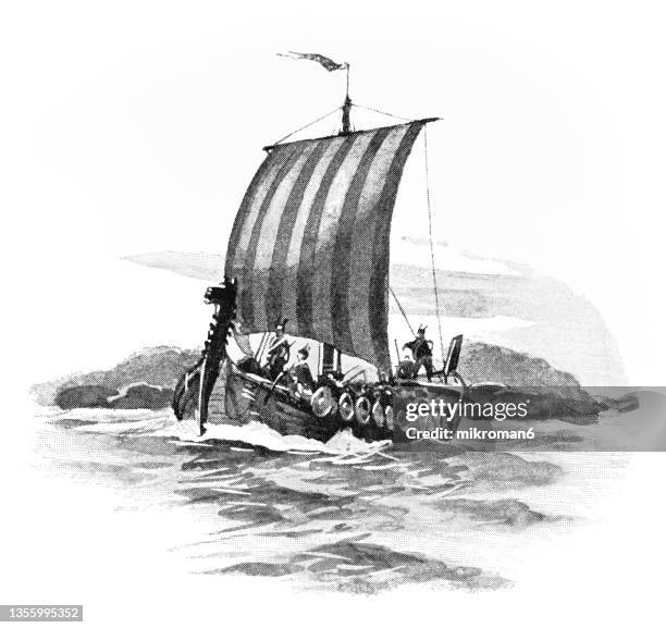 old engraved illustration of vikings dragon boat - wikinger stock-fotos und bilder