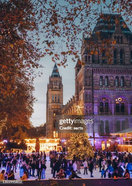 ice skating rink in front of natural history museum in london, uk - natural history museum london stock pictures, royalty-free photos & images