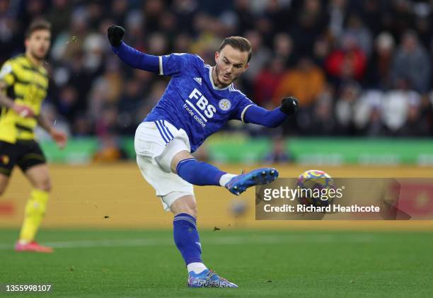 James Maddison of Leicester City scores their side's first goal during the Premier League match between Leicester City and Watford at The King Power...