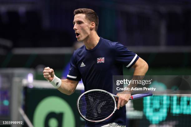 Joe Salisbury of Great Britain celebrates a point during the Davis Cup match between Joe Salisbury and Neal Skupski of Great Britain and Jiri Vesely...