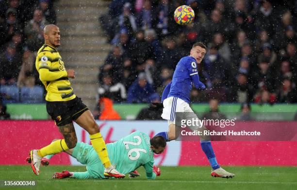 Jamie Vardy of Leicester City scores their side's second goal during the Premier League match between Leicester City and Watford at The King Power...