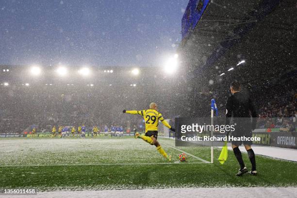 General view inside the stadium as Cucho Hernandez of Watford FC takes a corner during the Premier League match between Leicester City and Watford at...